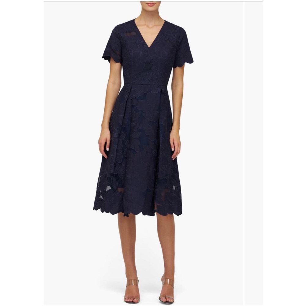 Kay Unger Luna Midnight Blue Embroidered Midi Dress, SIZE 8